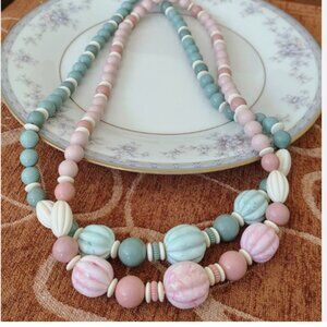 Vtg Set of 2 Avon Chunky Burst of Spring Green & Pink Carved Knot Cream Necklace